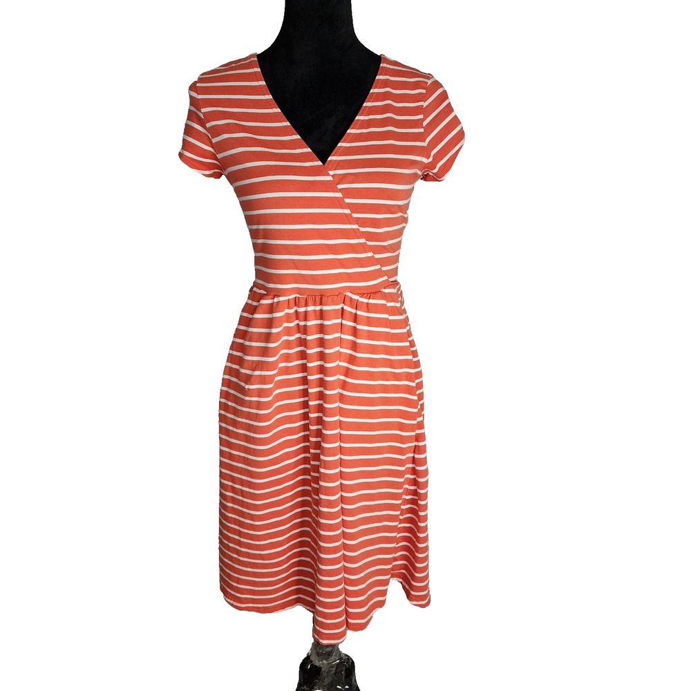 PACT Size Small Orange Fit & Flare Cotton Crossover Dress Daytripper Stripe Pkts